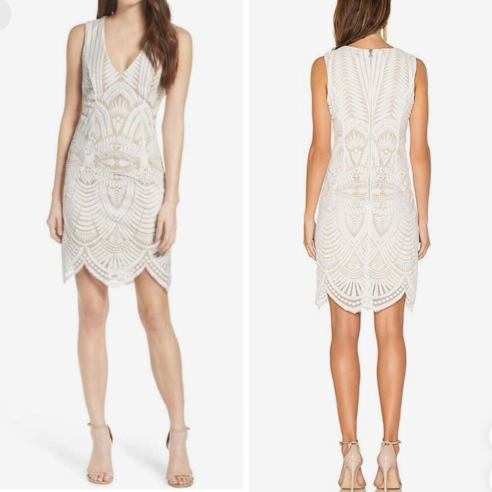 Bardot Women Embroidered Lace Dress Size 8/M White Nude Sleeveless Scalloped Hem